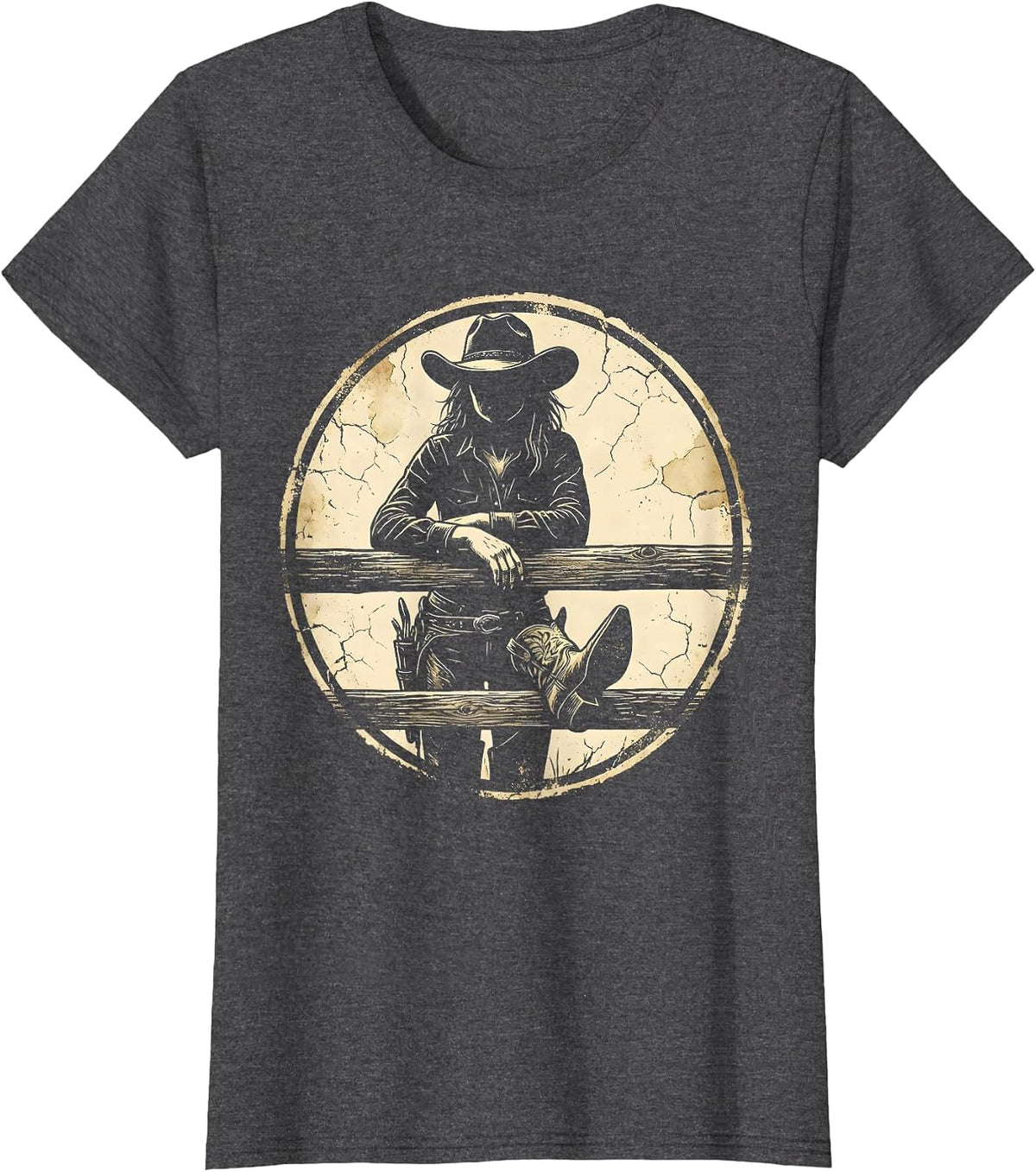 Women's Cowgirl Leaning on Fence Golden Hour Rodeo T-Shirt - Dark Heather Grey