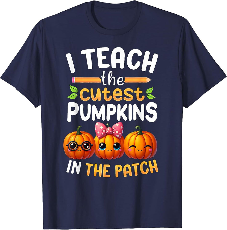 I Teach The Cutest Pumpkins in The Patch Teacher Halloween T-Shirt - Navy Blue