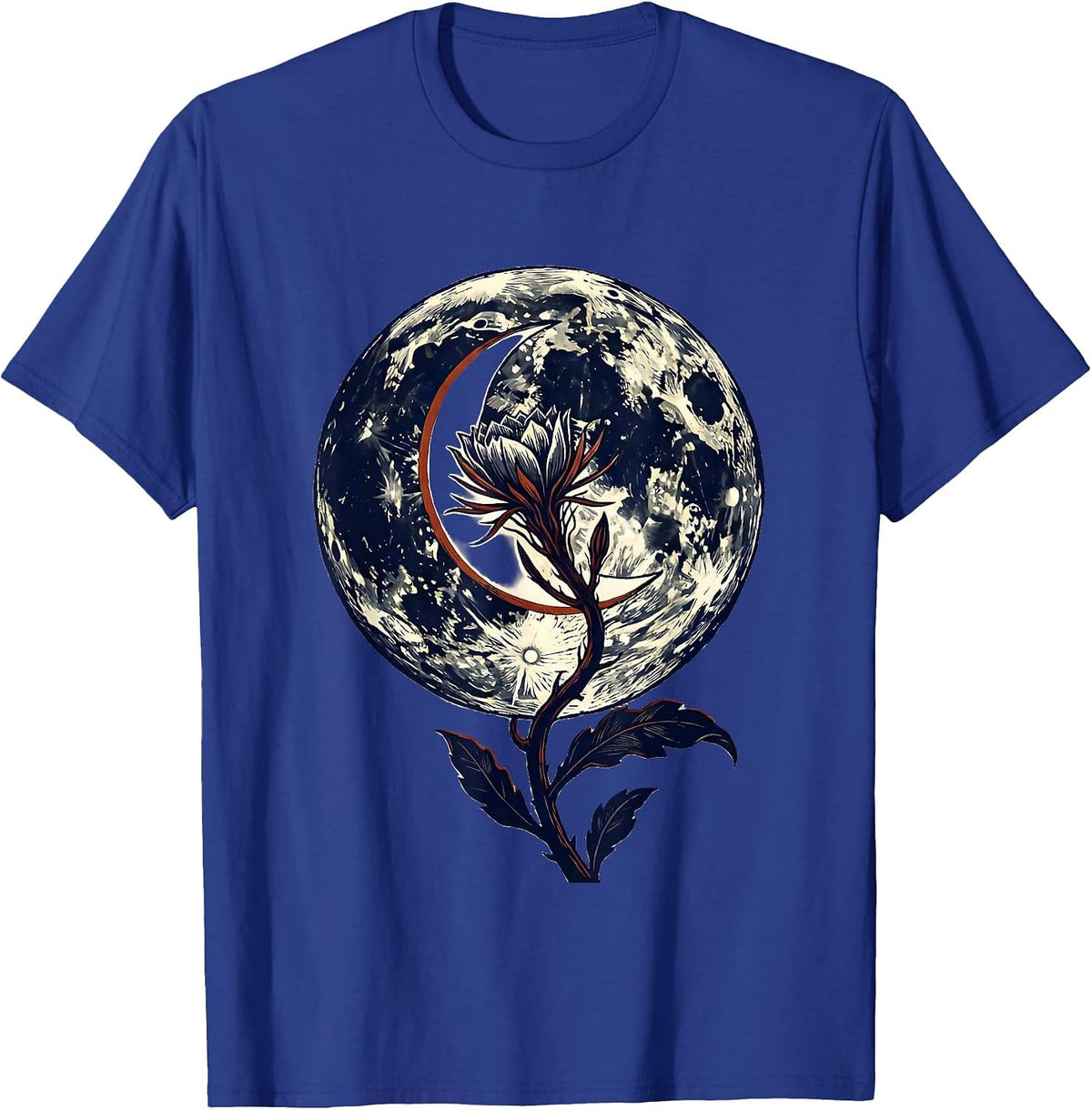 Men's Lunar Crescent Night-Blooming Stem Linocut Boho Celestial T-Shirt - Royal Blue