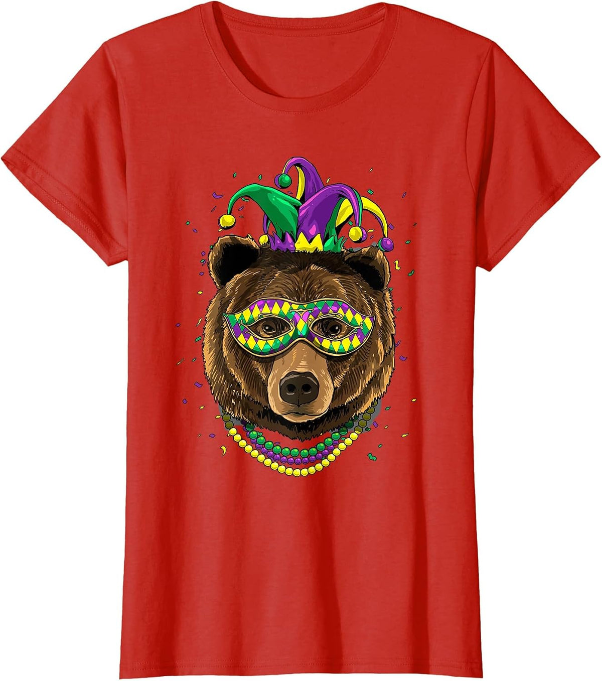 Bear Animal Lover Cute Mardi Gras Carnival Jester T-Shirt, Women, Red, X-Small - As Pictured