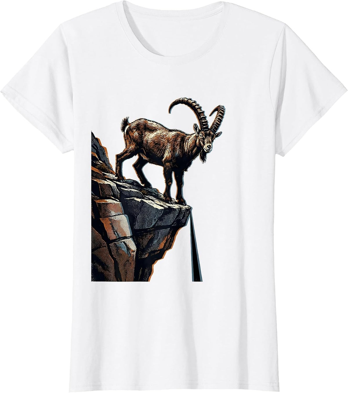 Mountain Goat Sheer Cliff Edge Wildlife Illustration T-Shirt - White