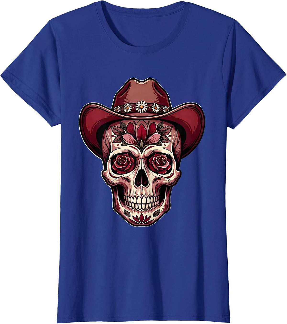 Women's Floral Skull Cowboy Hat Western Graphic Design T-Shirt - Royal Blue