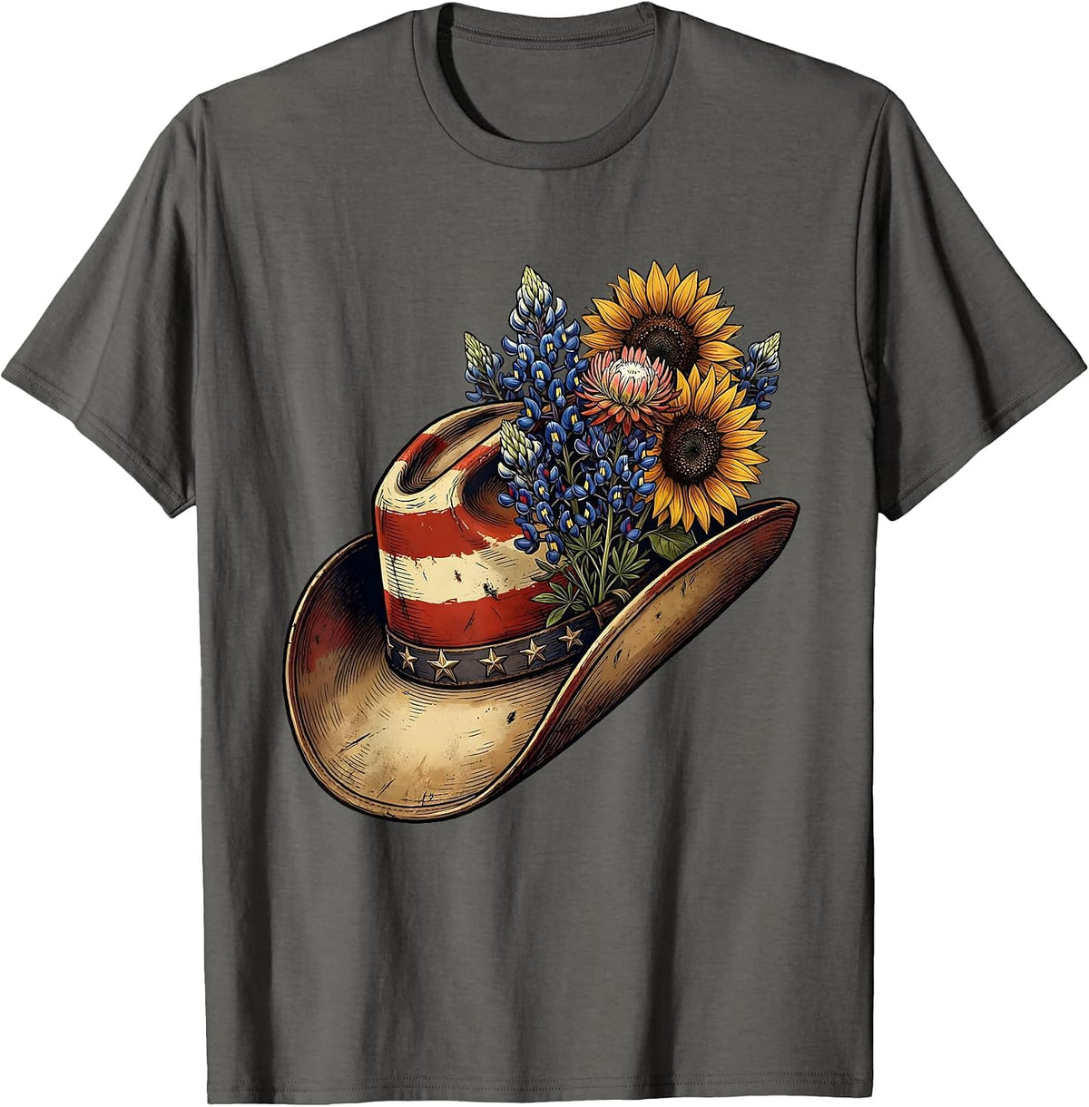 Cowboy Hat Wildflowers Boho Western Floral Illustration T-Shirt - Asphalt Grey
