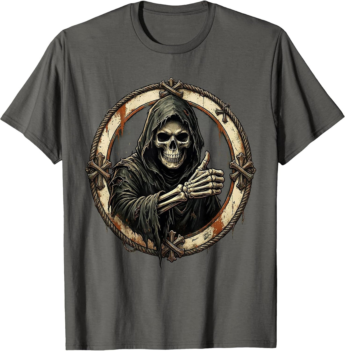 Grim Reaper Thumbs Up Dark Humor Graphic T-Shirt - Asphalt Grey