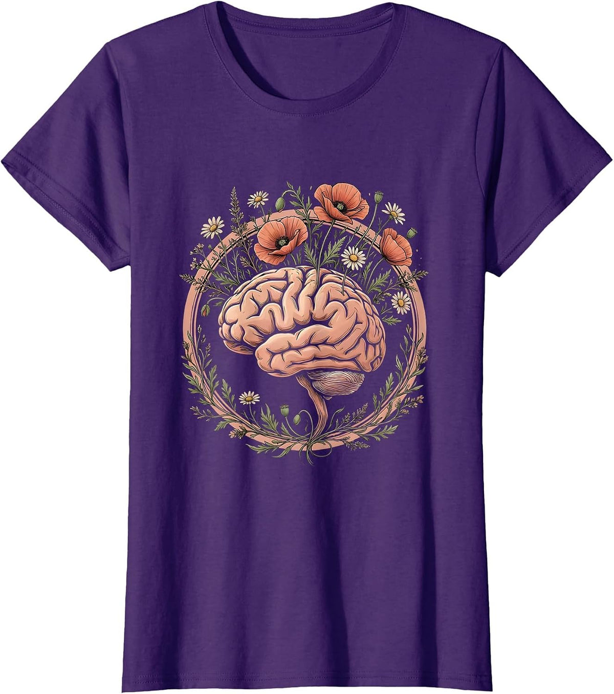 Women's Blooming Brain Mental Health Floral Graphic Tee T-Shirt - Purple
