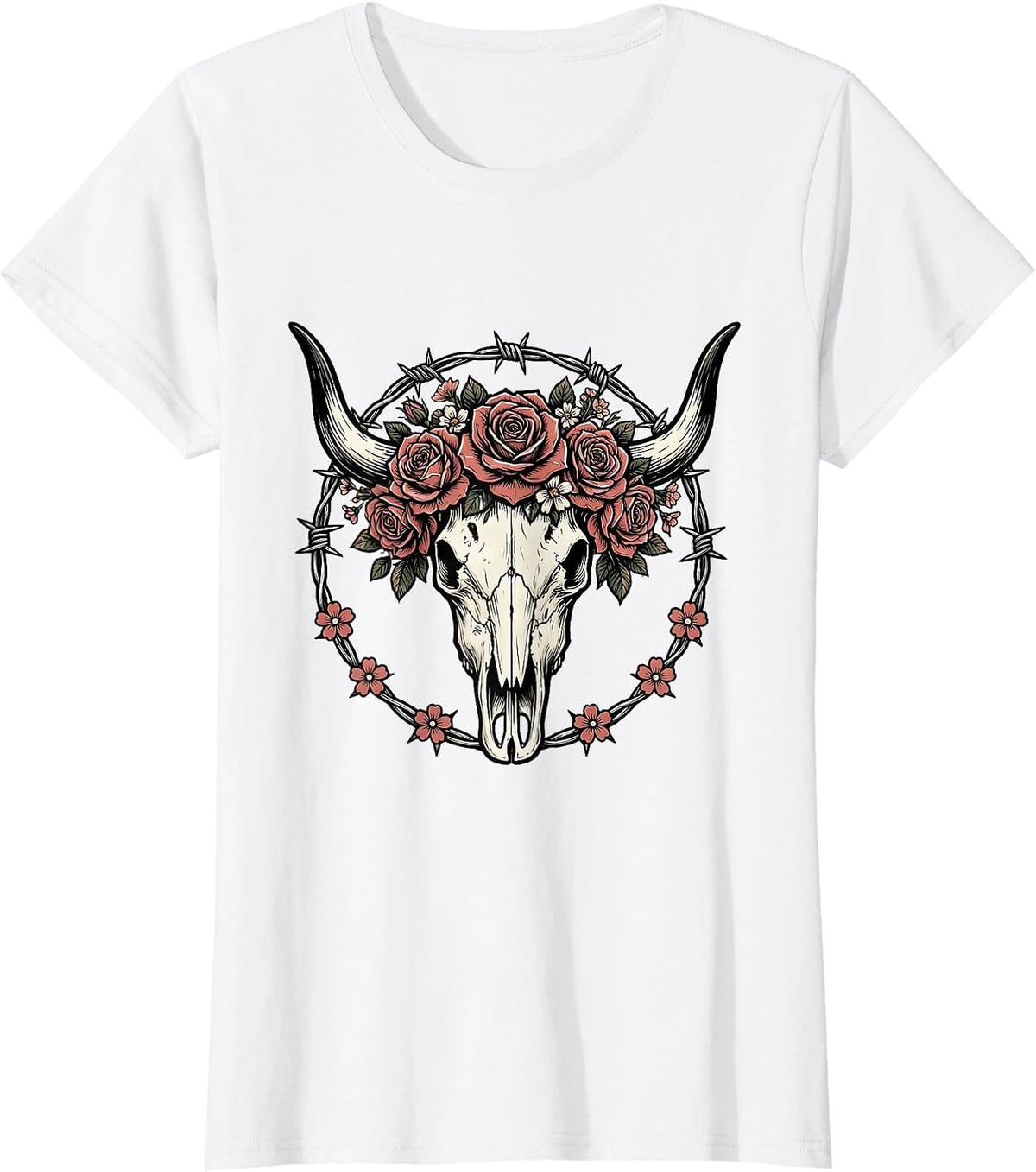 Longhorn Skull Flower Crown Western Cowgirl Graphic T-Shirt - White