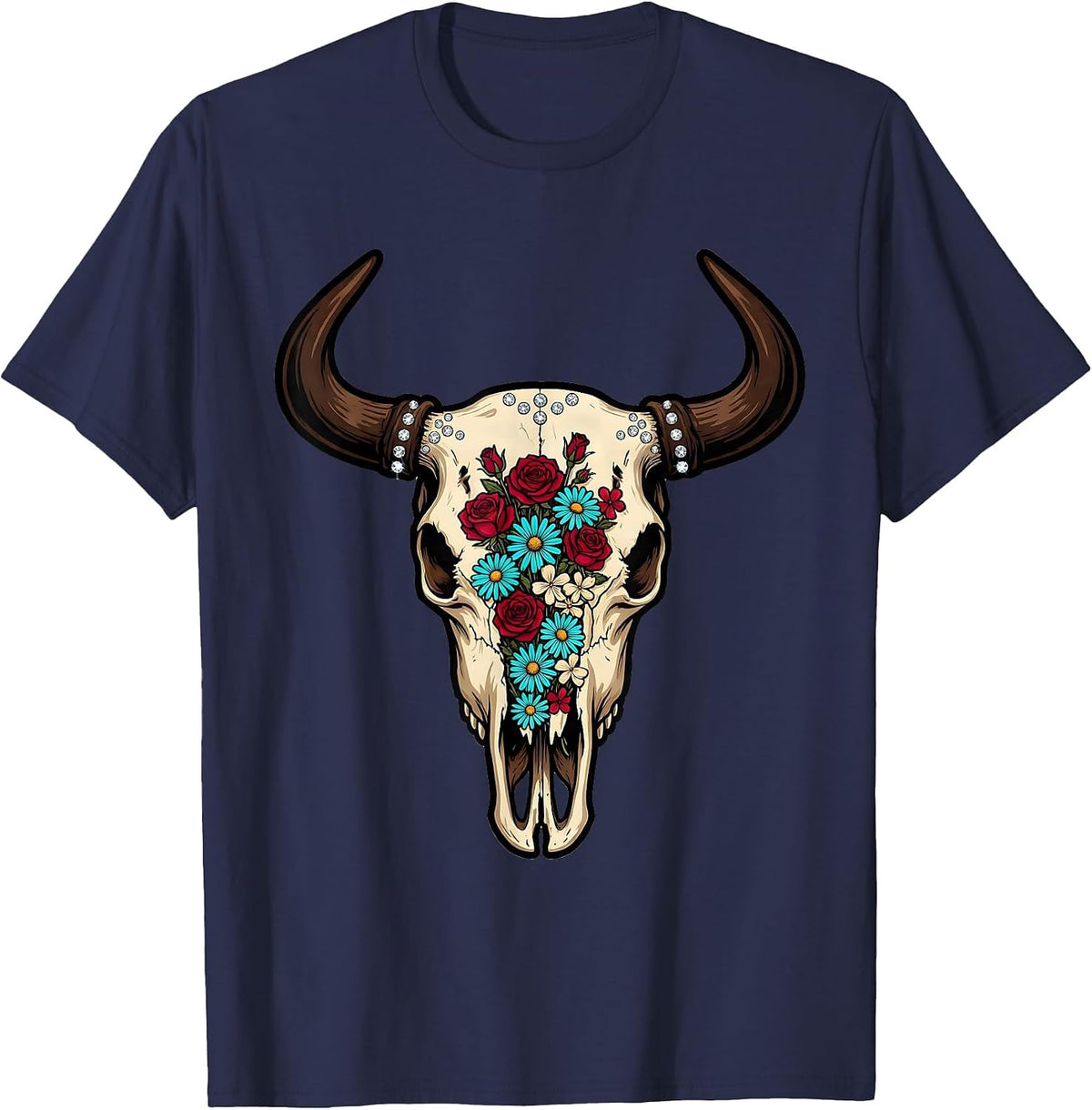 Men's Bull Skull Wildflowers Boho Western Floral Illustration T-Shirt - Navy Blue