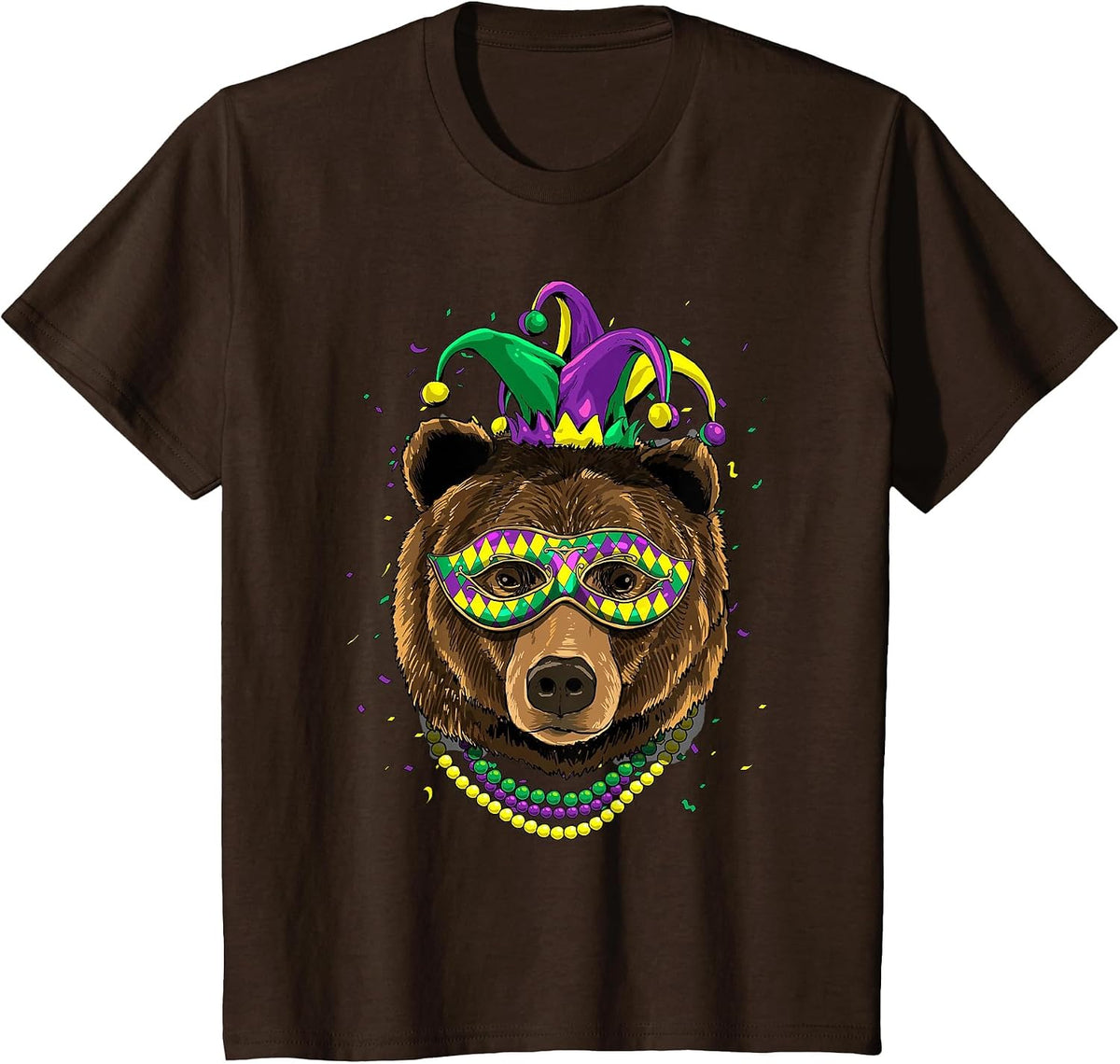 Bear Animal Lover Cute Mardi Gras Carnival Jester T-Shirt, Youth, Brown, Small - As Pictured