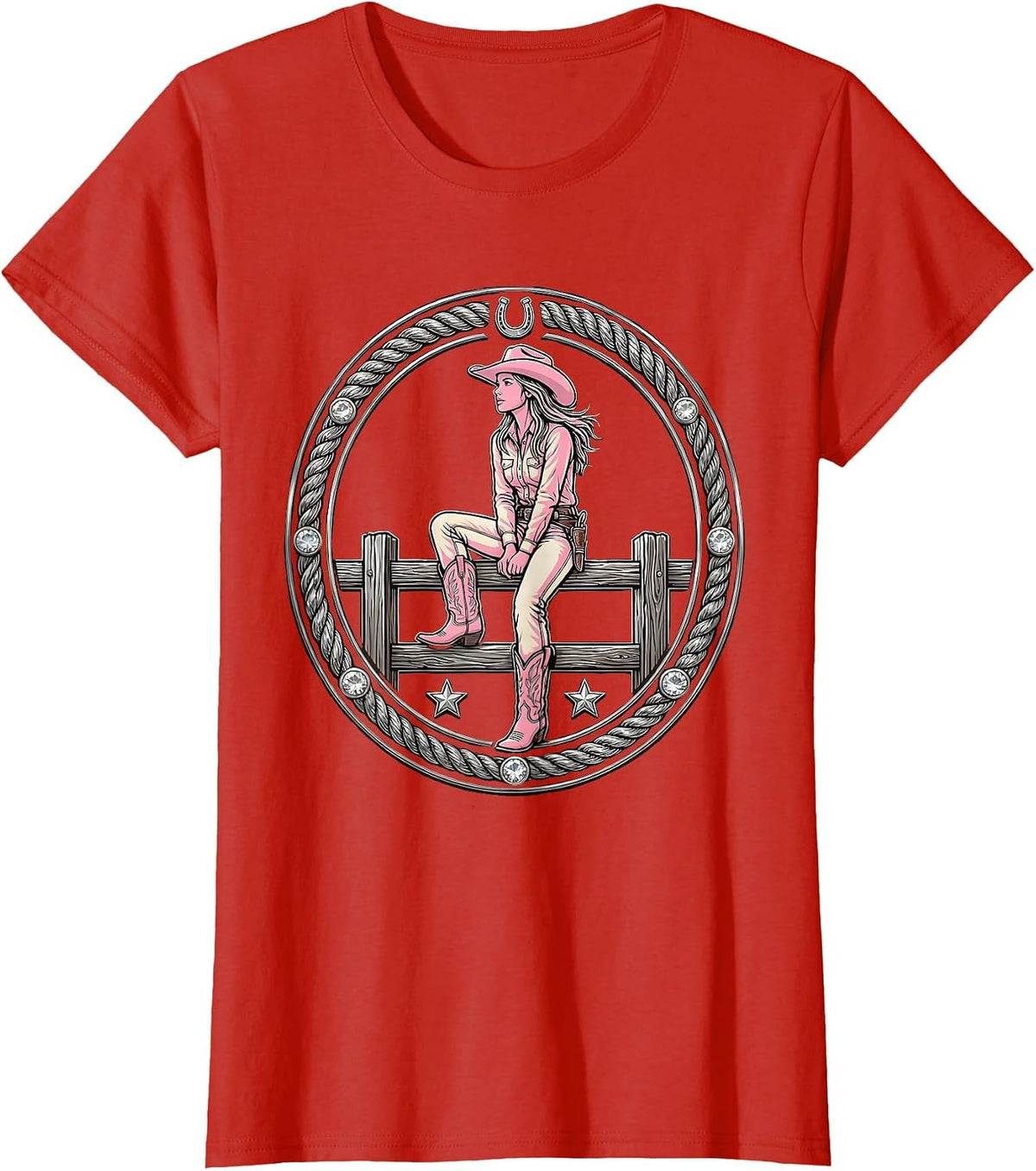 Cowgirl on Fence Rail Rodeo Arena Illustration T-Shirt - Red
