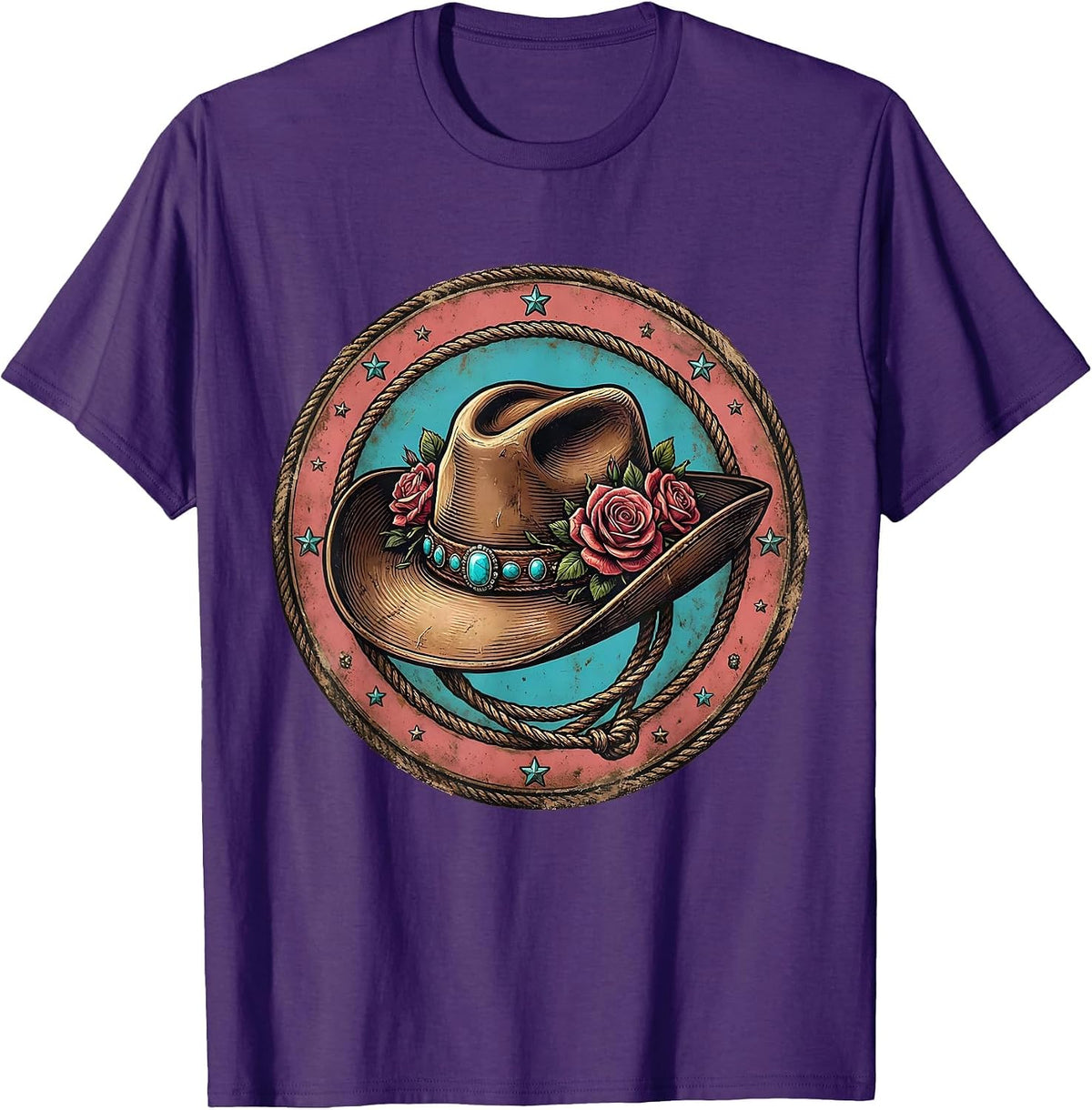 Cowgirl Hat Roses and Turquoise Rodeo Design T-Shirt - Purple