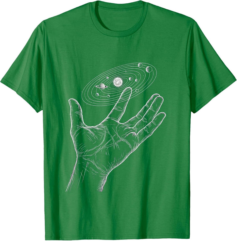 Men's Open Palm Holding Miniature Solar System T-Shirt - Kelly Green