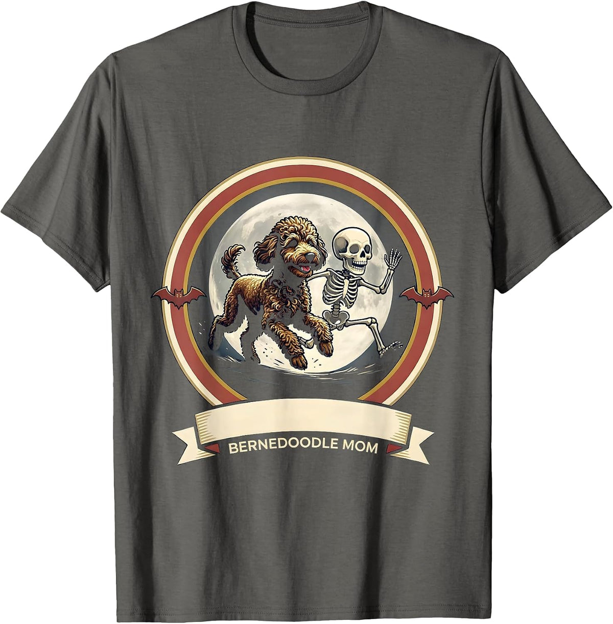 Bernedoodle Mom Funny Skeleton Chasing Halloween Dog Mom Pet T-Shirt - Asphalt Grey