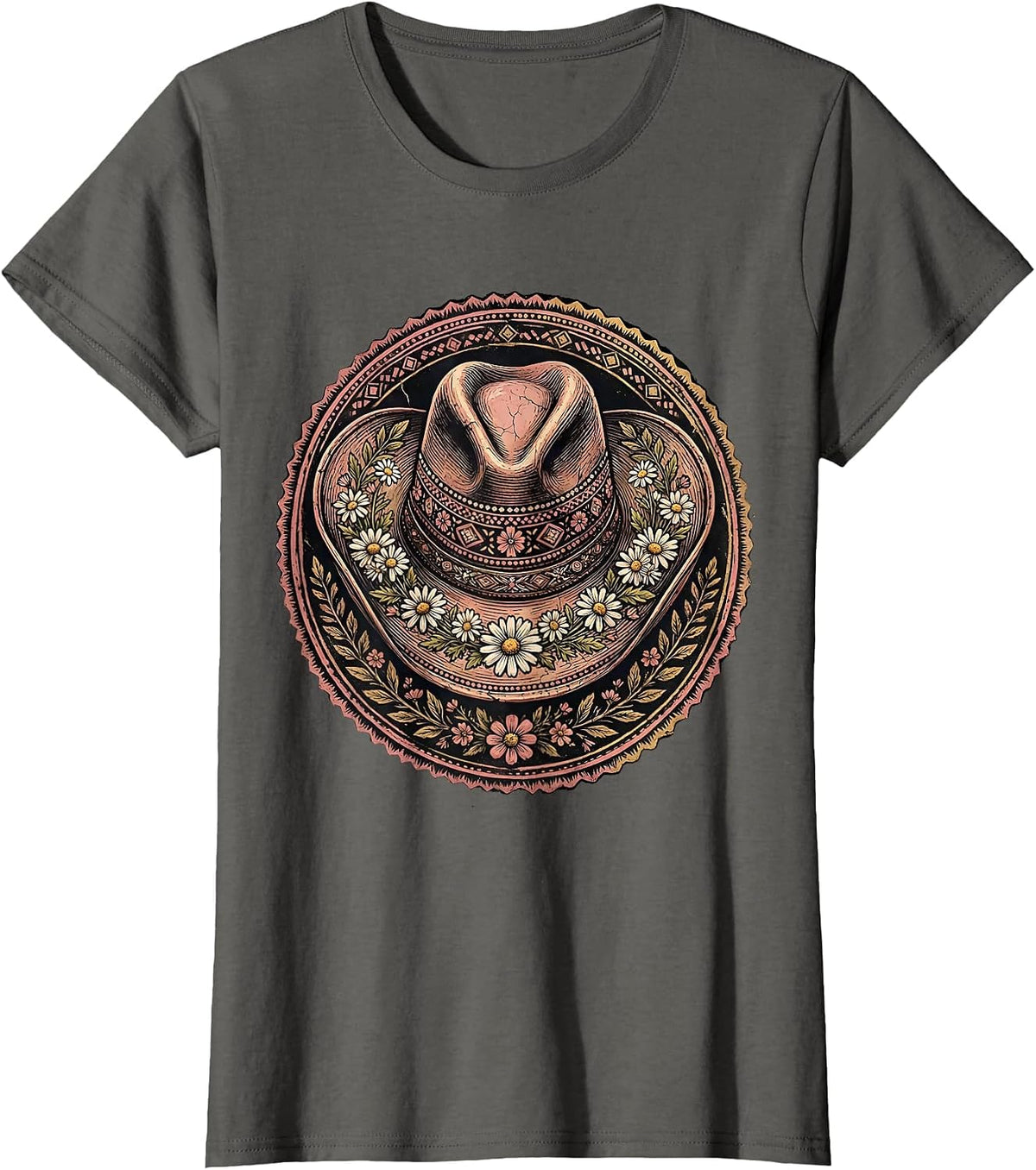 Women's Cowgirl Hat Wildflowers Western Boho Illustration T-Shirt - Asphalt Grey