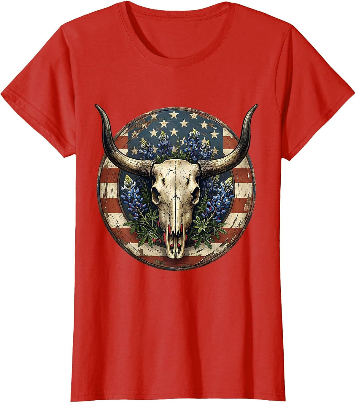 Longhorn Skull Wildflowers Western Boho Design T-Shirt - Red