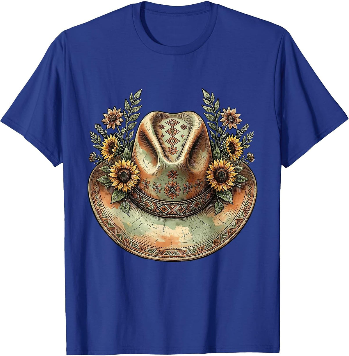 Cowboy Hat Wildflowers Western Boho Illustration T-Shirt - Royal Blue