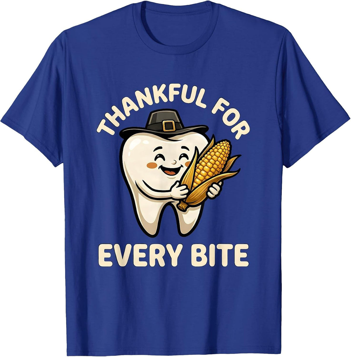 Men's Thankful For Every Bite Cartoon Dental Humor Thanksgiving T-Shirt - Royal Blue