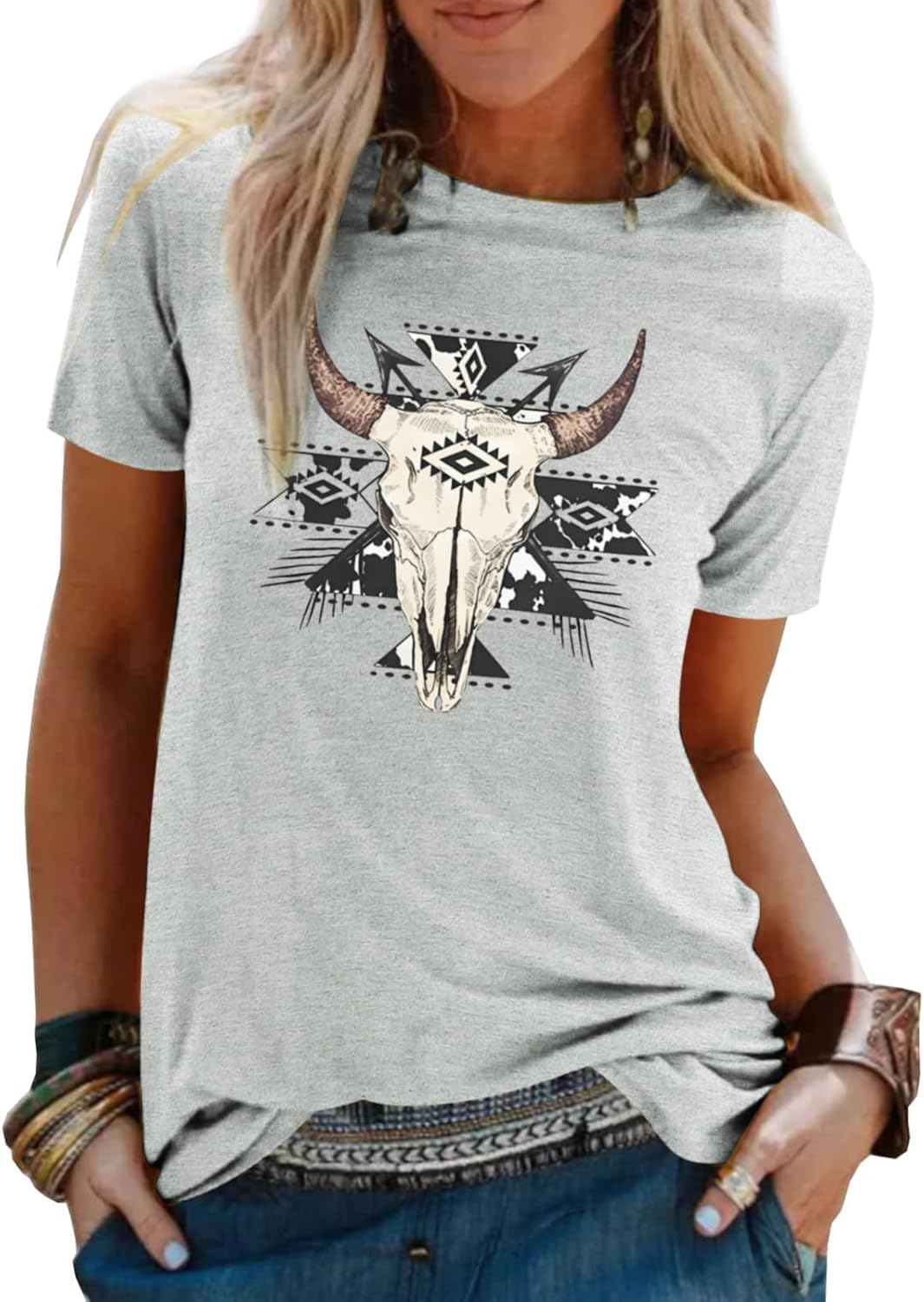 Boho Cow Skull Shirt Women Cowgirl Tshirt Vintage Western Rodeo Graphic Cuntry Concert Tee Bull Skull Casual Tops - Light
