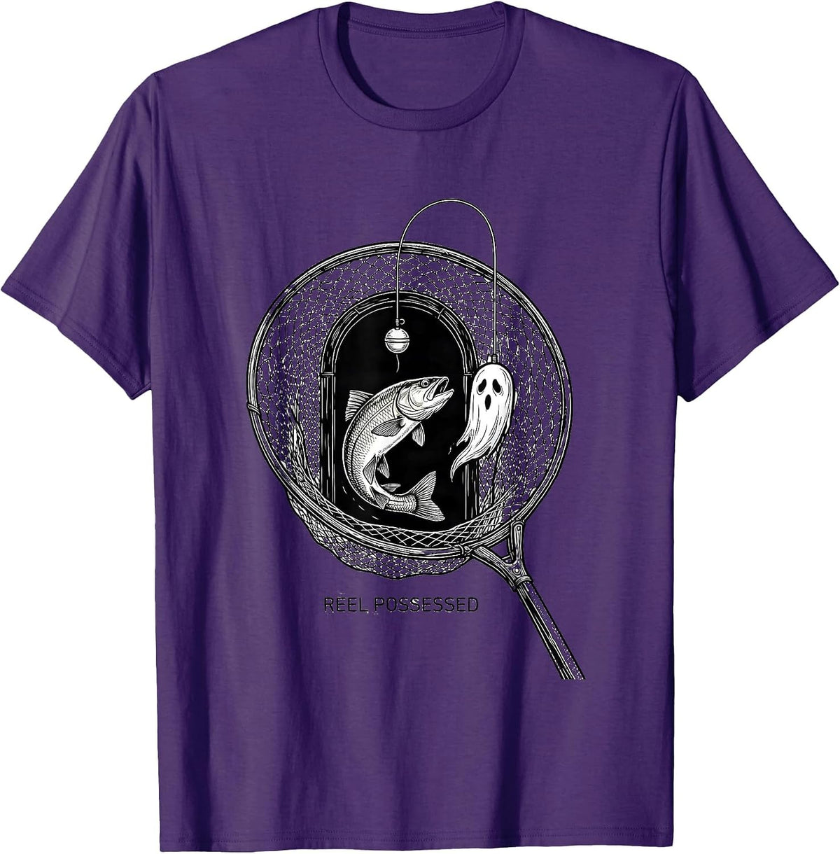 Reel Possessed Line Art Halloween Fishing Ghost Trout Spooky T-Shirt - Purple