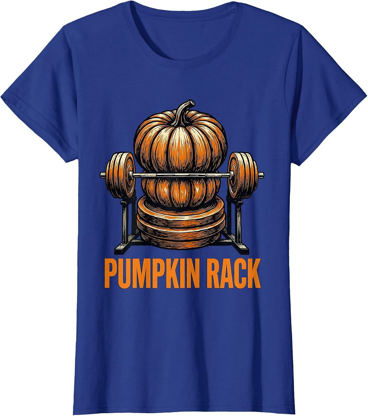 Women's Pumpkin Rack Linocut Funny Halloween Gym Workout Lifting Pun T-Shirt - Royal Blue