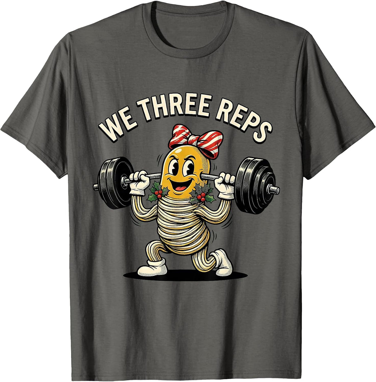 We Three Reps Retro Cartoon Christmas Gym Workout Humor T-Shirt - Asphalt Grey