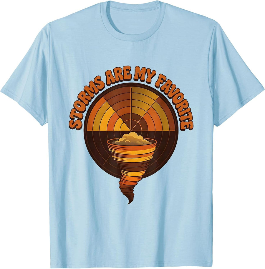 Men's Storms Are My Favorite Retro 70s Tornado Chaser Meteorology T-Shirt - Baby Blue