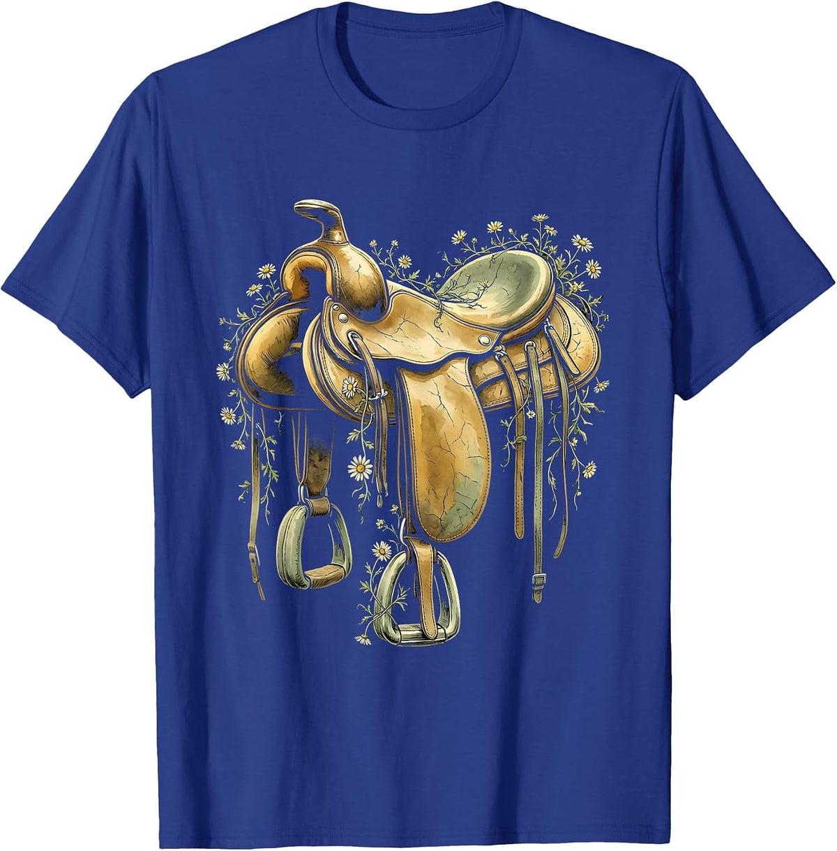 Western Saddle Wildflower Vines Floral Boho Design T-Shirt - Royal Blue