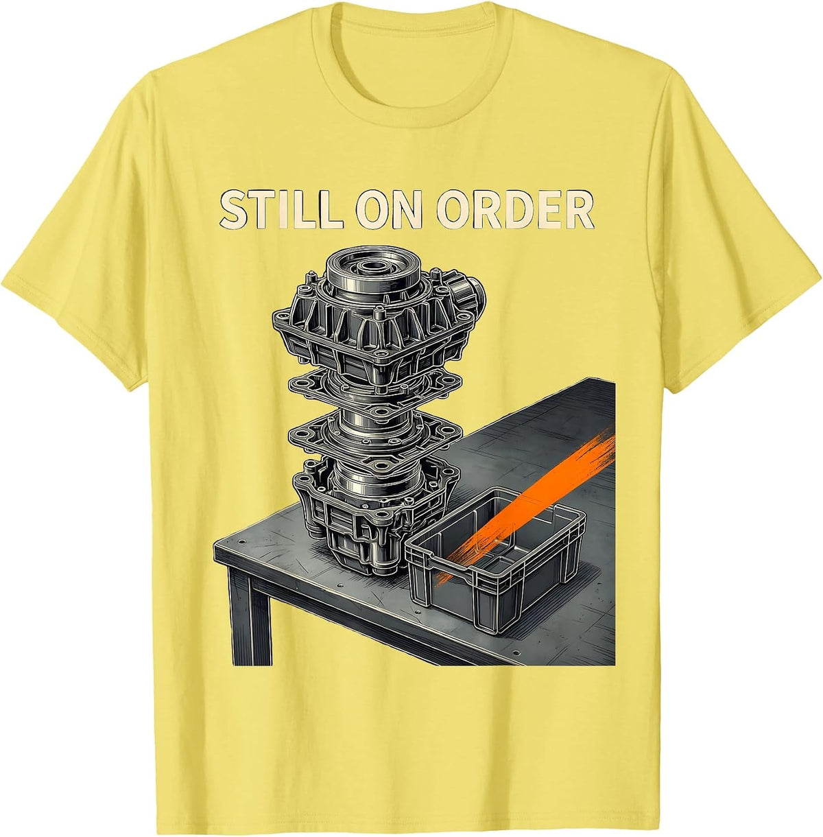 Men's Still On Order Exploded View Technical Auto Mechanic Waiting T-Shirt - Lemon Yellow