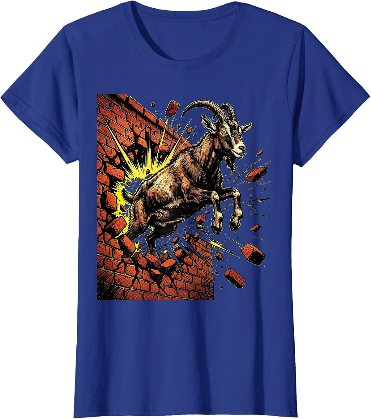 Women's Unhinged Goat Smashing Through Brick Wall T-Shirt - Royal Blue