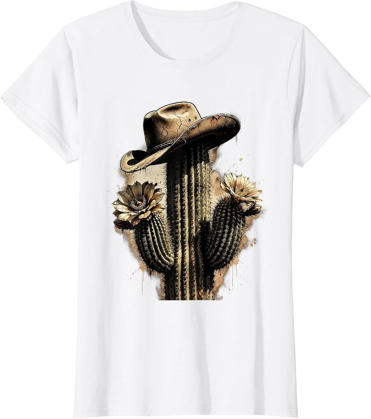 Cowgirl Hat Blooming Cactus Western Illustration T-Shirt - White