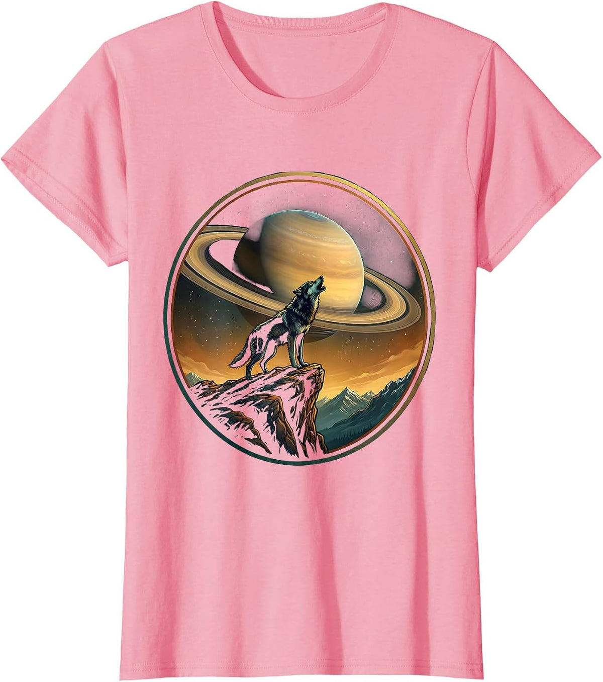 Women's Wolf Howling at Ringed Planet Space Illustration T-Shirt - Pink