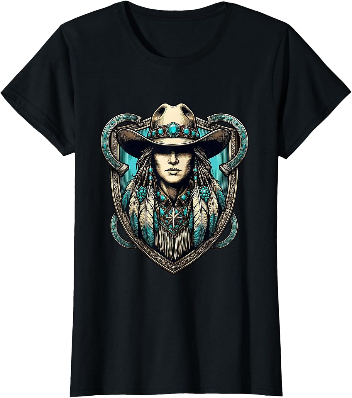 Cowgirl Turquoise Jewelry and Fringe Illustration T-Shirt - Black