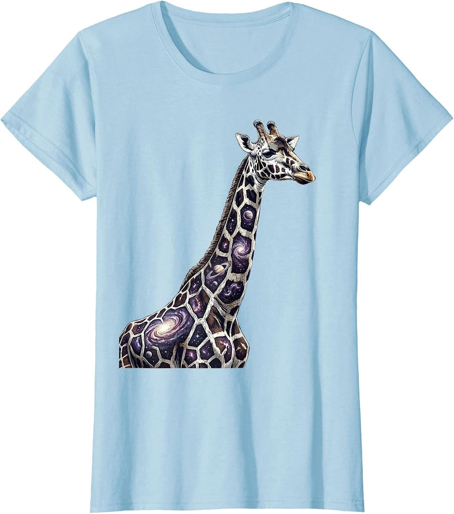 Women's Cosmic Giraffe Galaxy Spot Wildlife Art Design T-Shirt - Baby Blue
