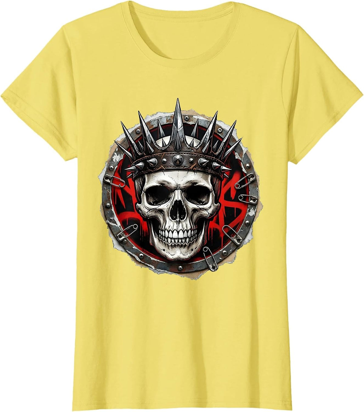 Skull Spiked Leather Crown Rock Graphic Tee T-Shirt - Lemon Yellow