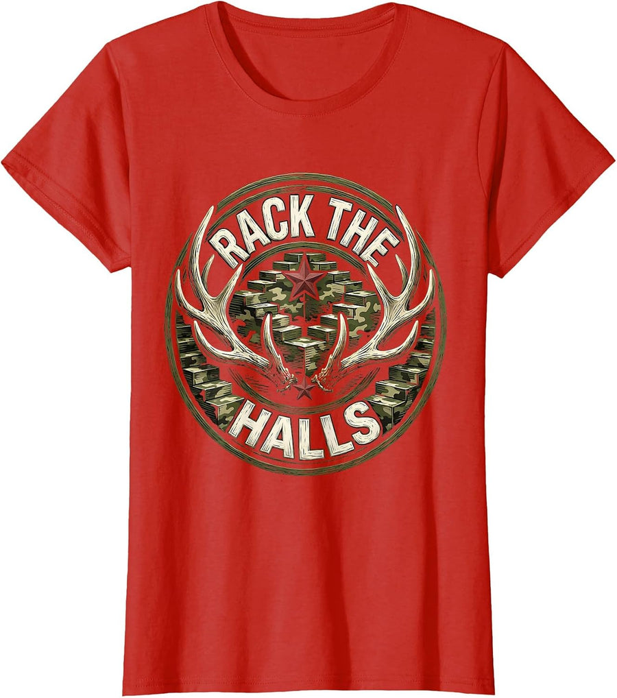 Women's Rack the Halls Woodcut Engraving Funny Camo Deer Hunting T-Shirt - Red