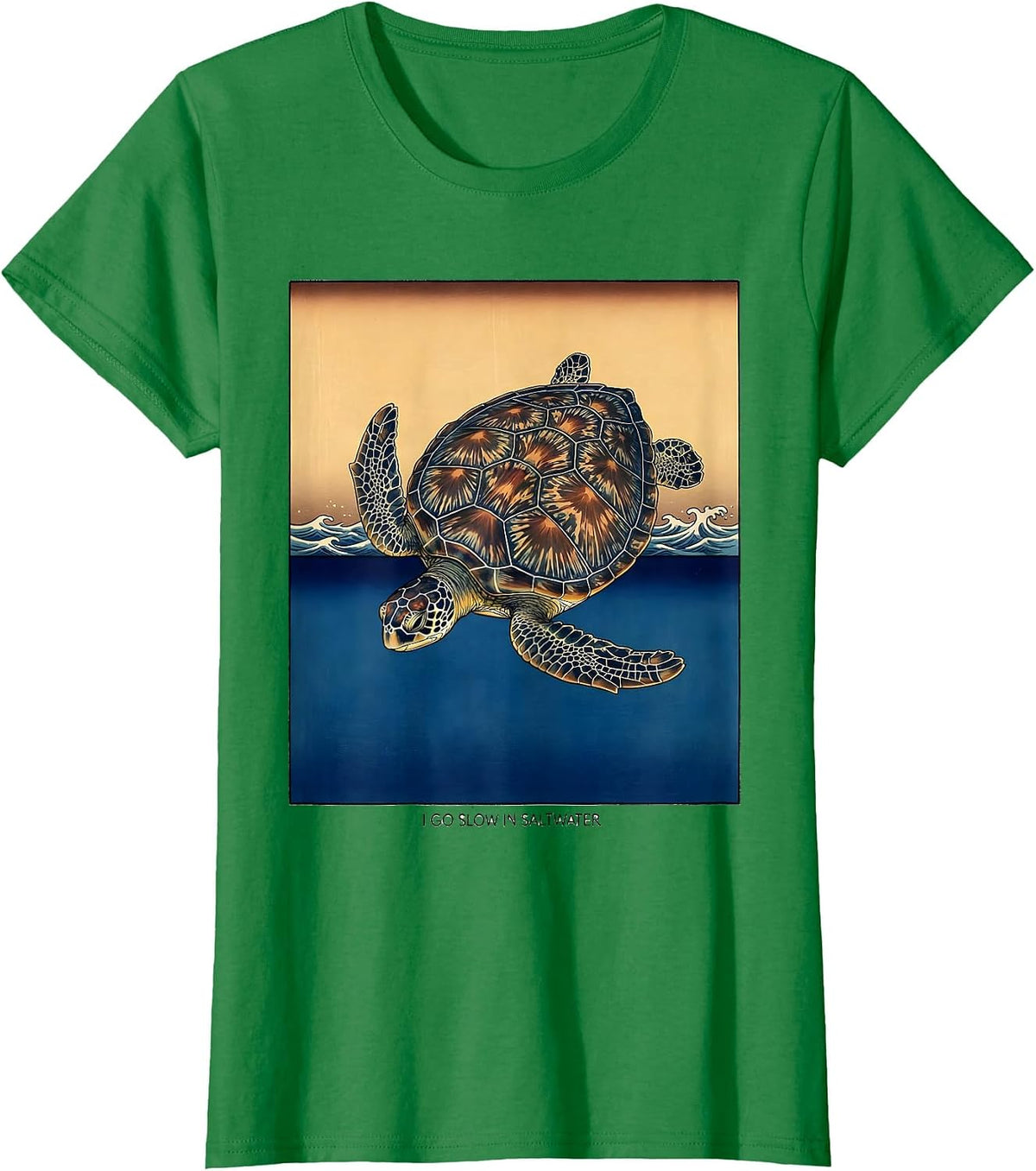 Women's I Go Slow In Saltwater Ukiyo-e Sea Turtle Lover Beach Humor T-Shirt - Kelly Green