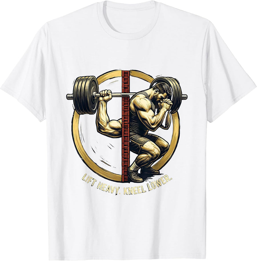 Men's Lift Heavy Kneel Lower Faith-Driven Gym Humor Christian T-Shirt - White