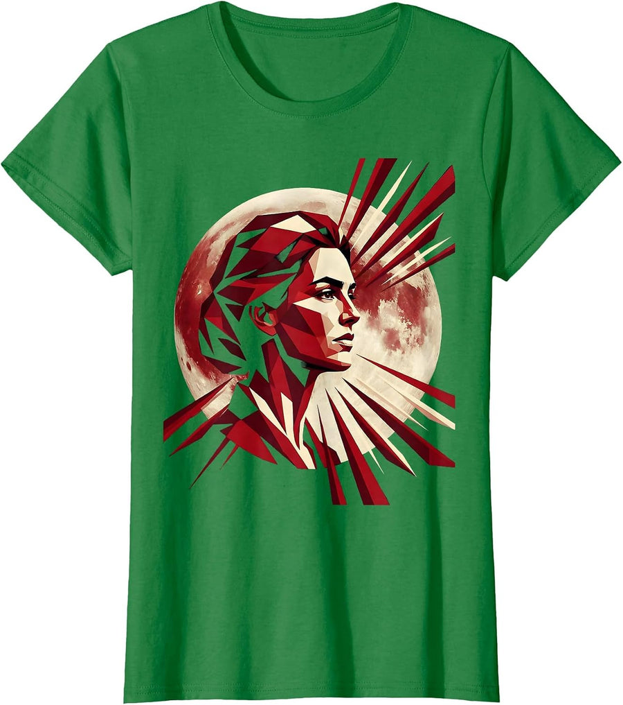 Women's Full Moon Woman Face Celestial Freedom Design T-Shirt - Kelly Green
