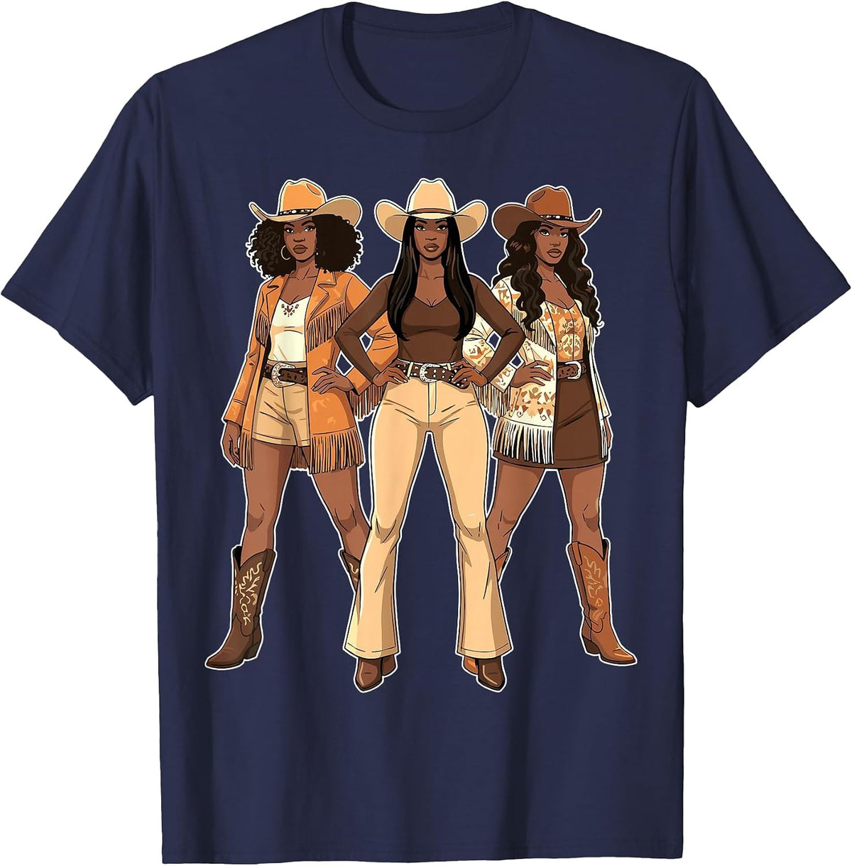 Black African American Cowgirl T-Shirt - Navy Blue