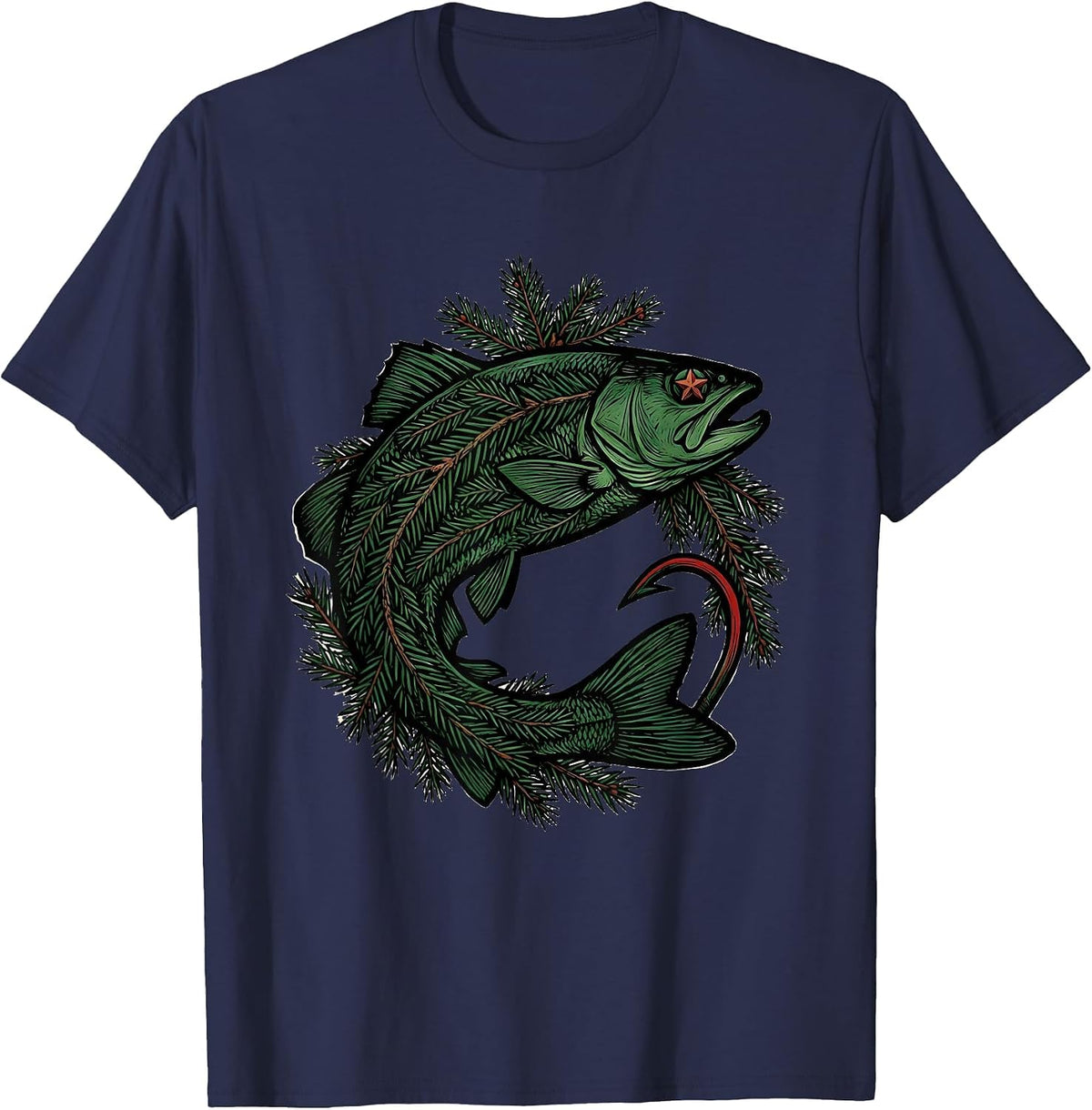 Trout Wreath Woodcut Engraving Funny Fisherman Christmas T-Shirt - Navy Blue