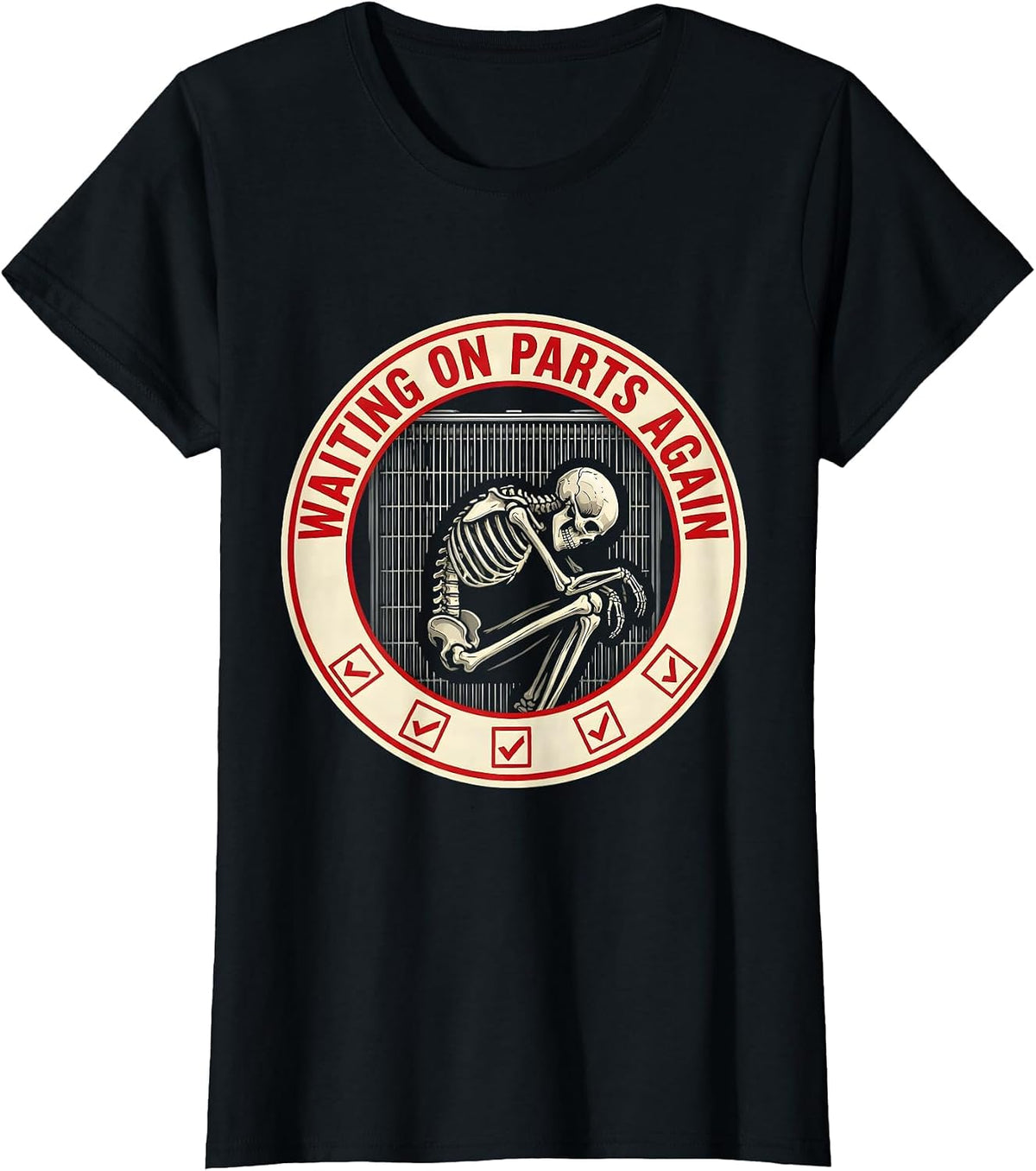Women's Waiting On Parts Again Funny Mechanic Skeleton Auto Repair T-Shirt - Black