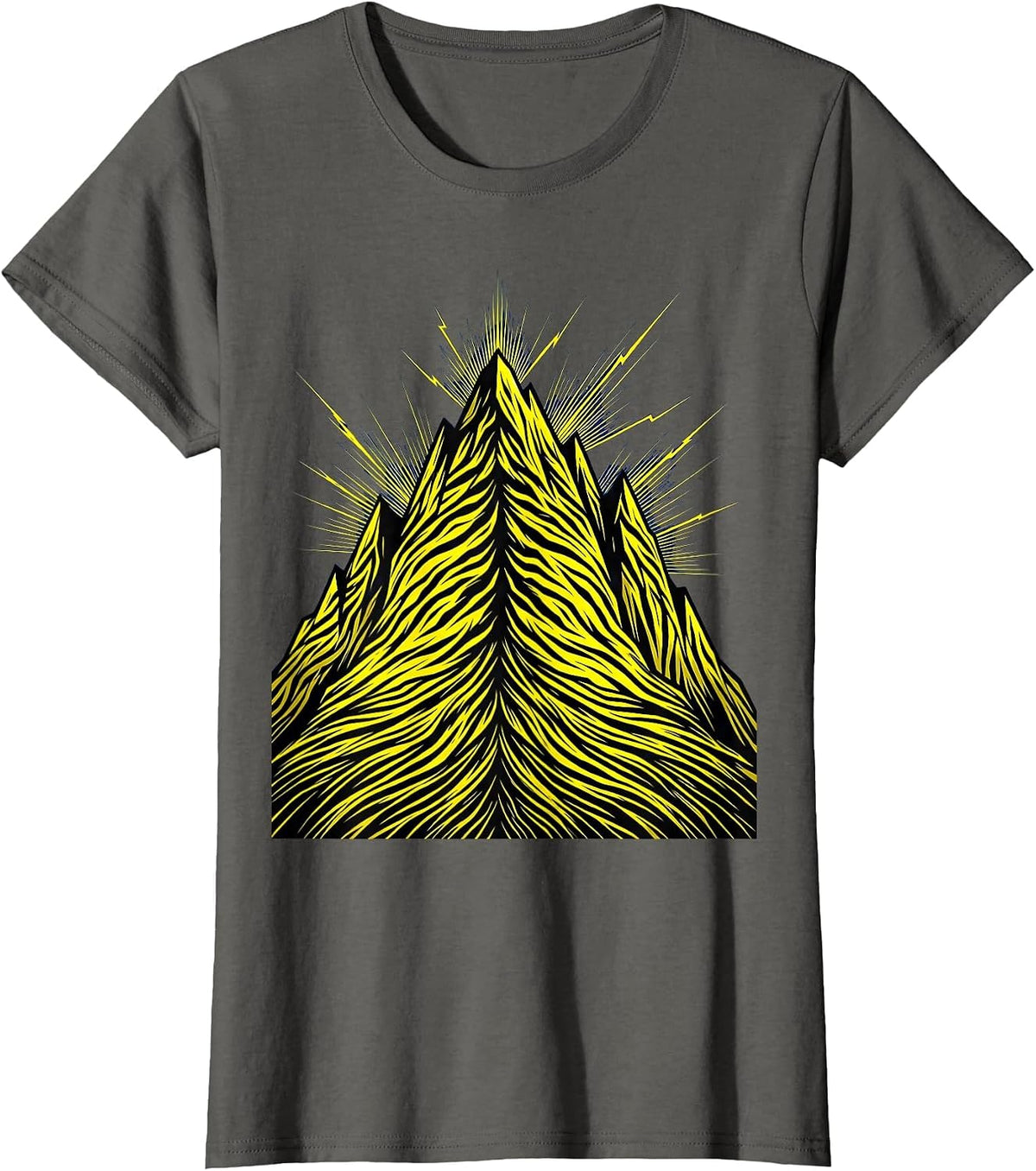 Women's Black and Yellow Lightning Storm Mountain Graphic T-Shirt - Asphalt Grey
