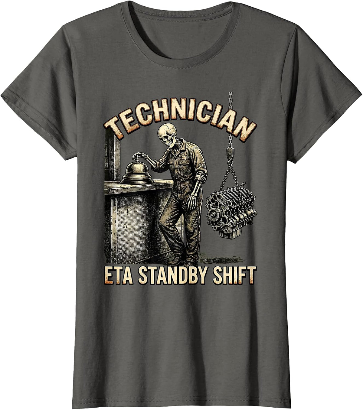 Women's Technician, ETA Standby Shift Funny Mechanic Skeleton Auto T-Shirt - Asphalt Grey
