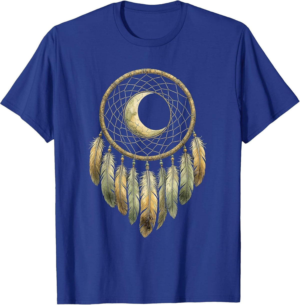 Dreamcatcher Crescent Moon Feathers Western Boho T-Shirt - Royal Blue