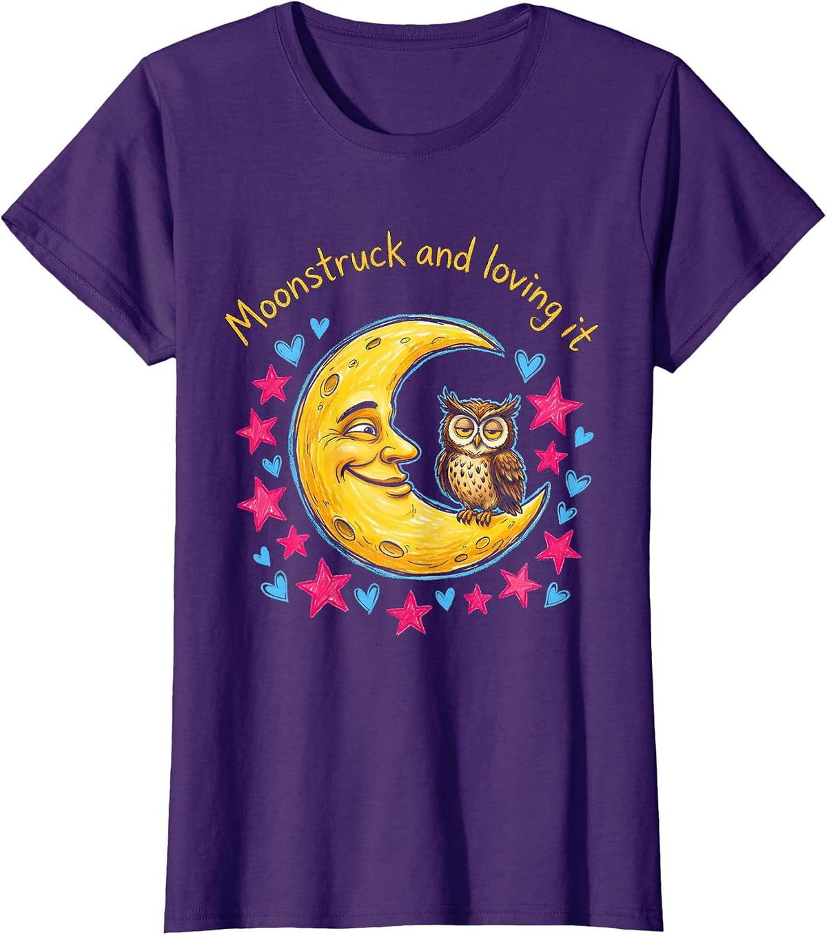 Women's Moonstruck and Loving It Celestial Moon Design T-Shirt - Purple