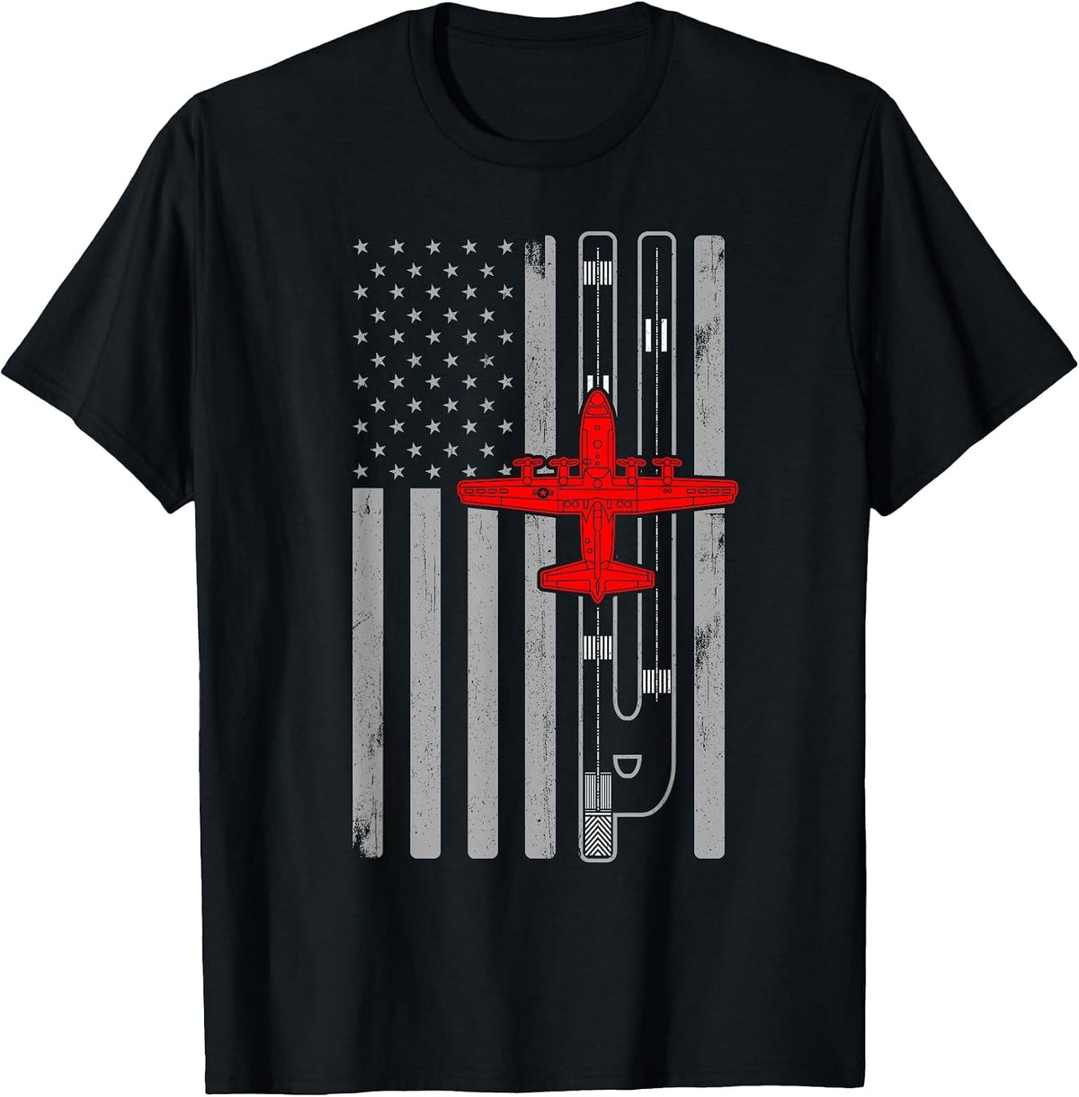 C130 Hercules Gunship Airplane American Flag Runway C130 T-Shirt, Men, Black, Small - As Pictured
