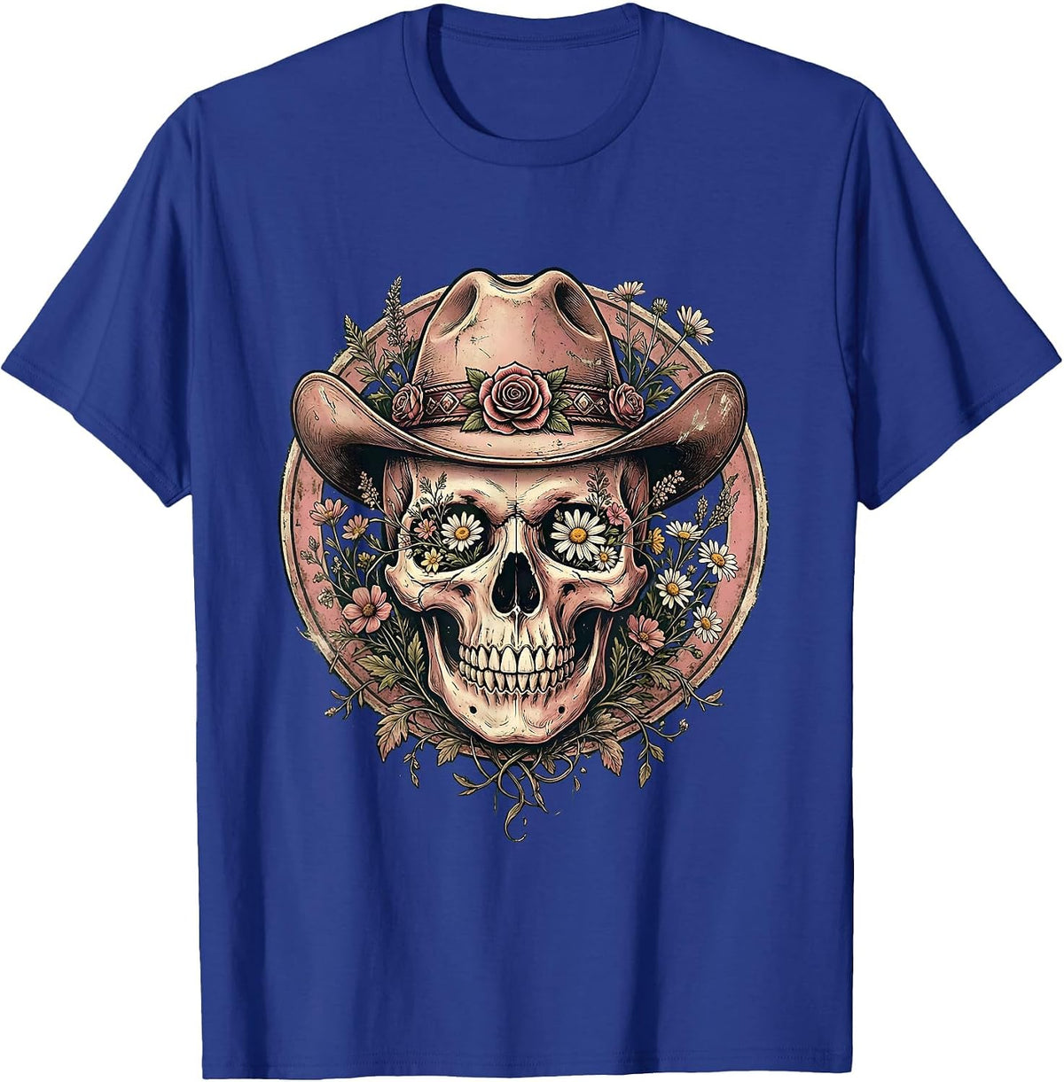 Men's Floral Skull Cowgirl Hat Western Graphic Design T-Shirt - Royal Blue
