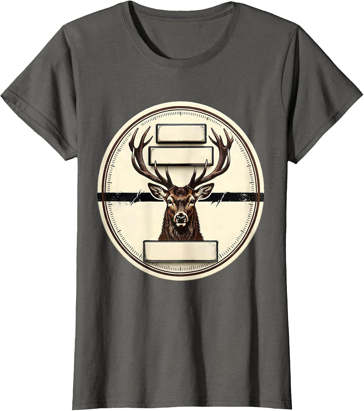 Women's Deer Buck Antler Letterpress Badge Hunting Dad Humor T-Shirt - Asphalt Grey