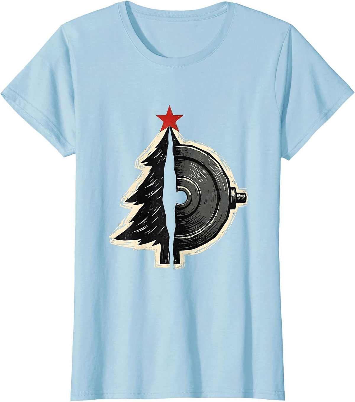 Christmas Tree Weight Plate Linocut Gym Humor T-Shirt - Baby Blue