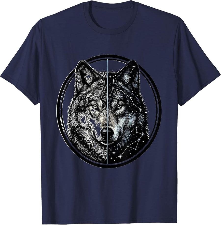 Wolf Constellation Star Map Portrait Graphic T-Shirt - Navy Blue