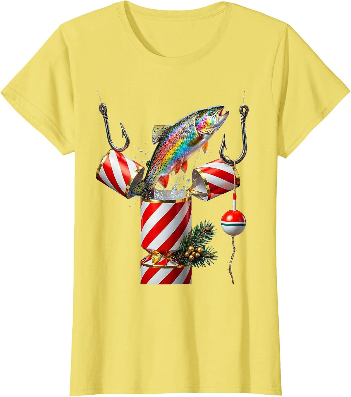 Women's Rainbow Trout Cracker Christmas Fishing Humor Gift T-Shirt - Lemon Yellow